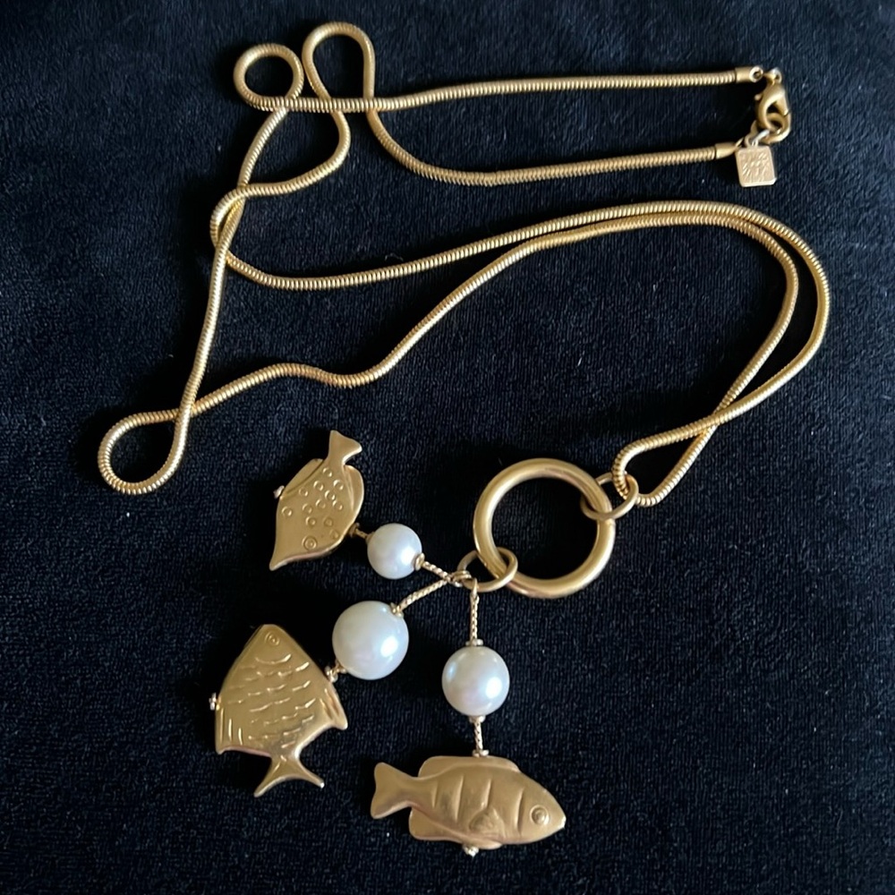 Anne Klein vintage gold fish and pearl long necklace